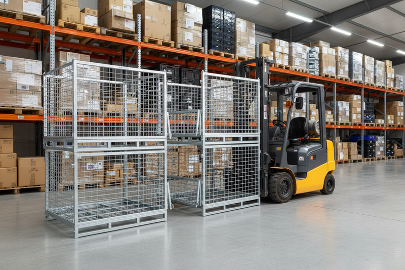 Indlæs billede i Gallery Viewer, Foldable Wire Mesh Pallet Cage – Stackable Stillage, Galvanized 1000kg SWL