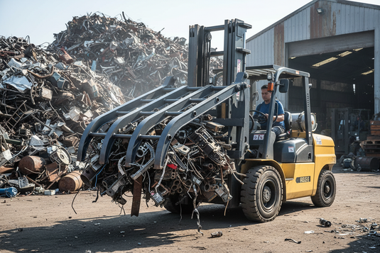Hydraulic Dual-Cylinder Waste Grab Forklift Attachment, Wide Fork Frame, 45° Tilt, Class 3A, 3–4.5T