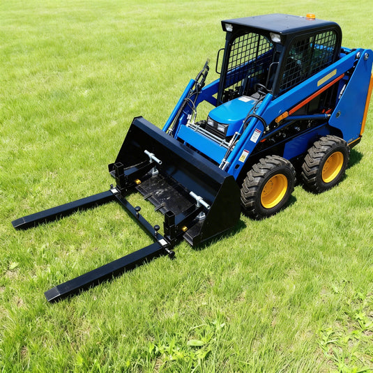 Adjustable Clamp On Pallet Forks for Tractor Loader Bucket, 4000 LB, 24 to 43 Inch Spacing, Roll Back Protection, Chain Holes