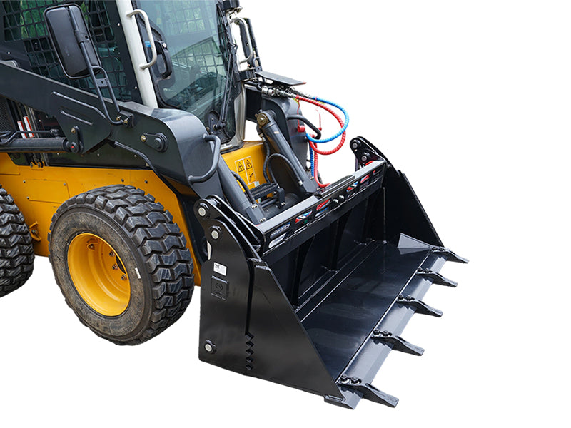 Load image into Gallery viewer, 4-in-1 Skid Steer Bucket with Teeth, Low Profile Extended Bottom, 62 and 72 Inch
