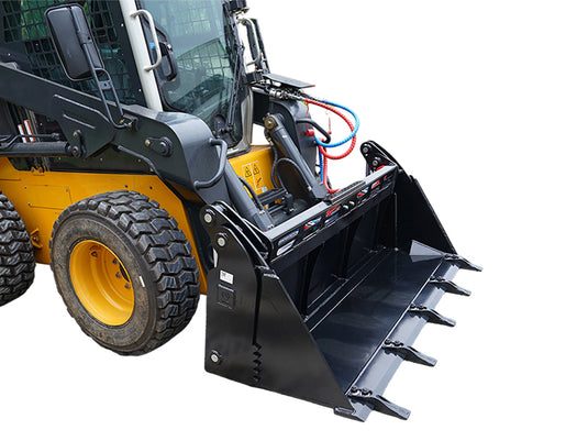 4-in-1 Skid Steer Bucket with Teeth, Low Profile Extended Bottom, 62 and 72 Inch