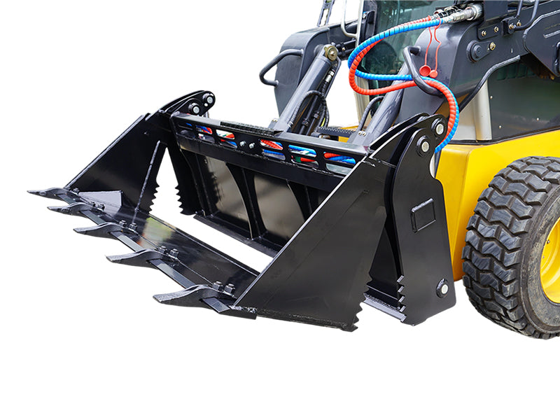 Load image into Gallery viewer, 4-in-1 Skid Steer Bucket with Teeth, Low Profile Extended Bottom, 62 and 72 Inch
