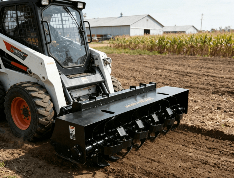 Load image into Gallery viewer, Skid Steer Hydraulic Rotary Tiller Attachment 72 Inch Bi-Directional Low Flow
