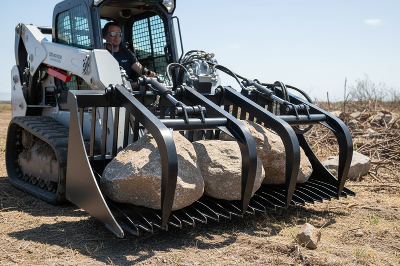 Carregue imagem no visualizador da galeriaSkid Steer Rock Grapple Bucket Attachment 72-84 Inch Twin Cylinder
