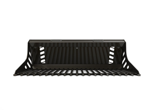 Skid Steer Extreme Duty Round Bar Rock Bucket 66-82 Inch Reinforced Tines Webbed Cutting Edge for Rock Removal