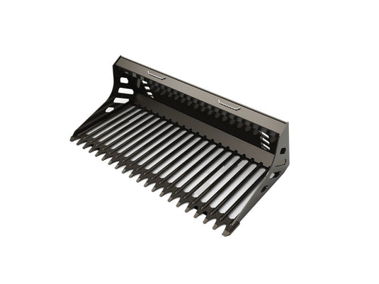 Skid Steer Extreme Duty Round Bar Rock Bucket 66-82 Inch Reinforced Tines Webbed Cutting Edge for Rock Removal